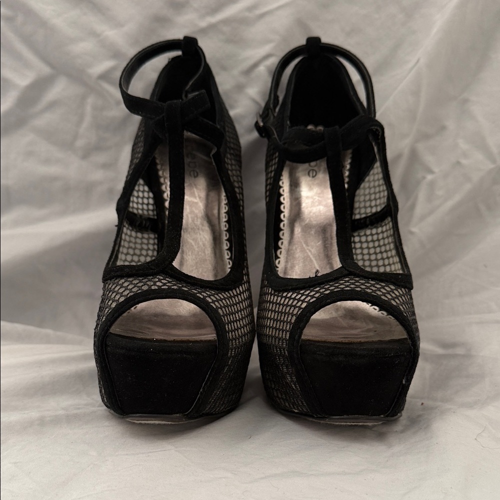 bebe Black Mesh Peep Toe Heels